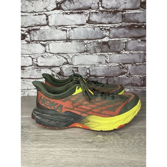 Hoka One Speedgoat 5 Thyme Fiesta Gray Fabric Red Yellow Gym Shoes Men 12 2E US main image 15